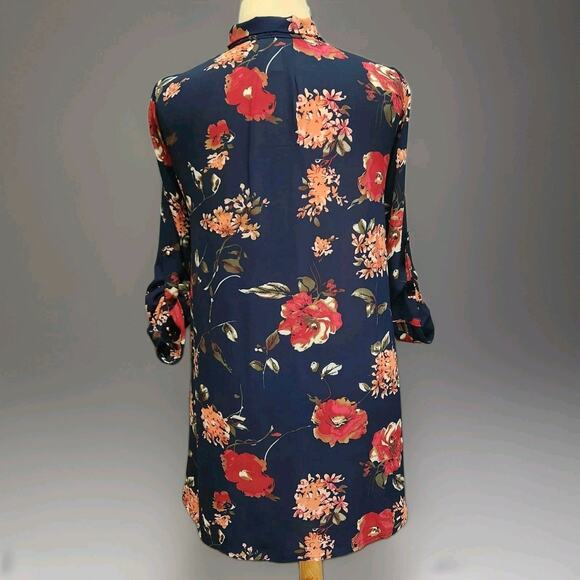 Lara Dress Size Large Bow Tie Neck Sheath Navy Floral Roll Tab Sleeve - Picture 2 of 10